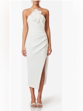 Elliatt Janelle Floral Appliqué Halter Neck Cocktail White Midi Dress Size Large